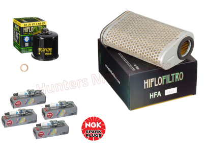 Honda CB1000R RA NGK Spark Plugs x 4 Hi Flo Oil Filter & Air Filter (Service Kit)