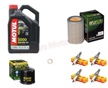 Honda CB600 Hornet NGK Spark Plugs x 4 Hi Flo Oil Filter & Air Filter with 4 x Litres of Motul Semi Synthetic Oil (Service Kit)