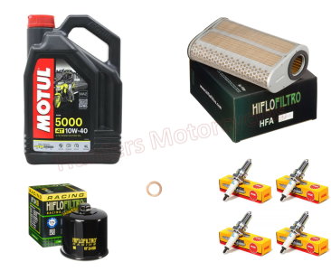 Honda CB600 Hornet NGK Spark Plugs x 4 Hi Flo Oil Filter & Air Filter with 4 x Litres of Motul Semi Synthetic Oil (Service Kit)