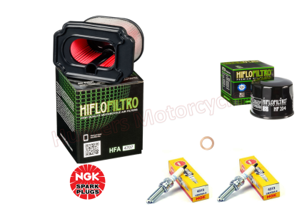 Yamaha MT07 NGK Spark Plugs x 2 Hi Flo Oil Filter & Air Filter (Service Kit)